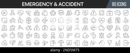Symbolsammlung für Unfall- und Notfallleitungen. Große UI-Symbolgruppe in flachem Design. Symbolpaket mit dünnen Umrissen. Vektordarstellung EPS10 Stock Vektor