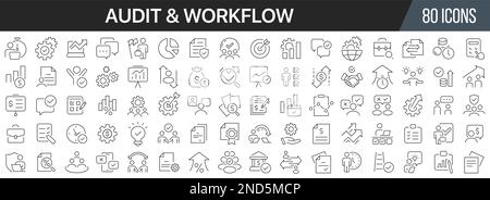 Symbolsammlung für Audit- und Workflow-Zeilen. Große UI-Symbolgruppe in flachem Design. Symbolpaket mit dünnen Umrissen. Vektordarstellung EPS10 Stock Vektor