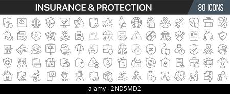 Symbolsammlung für Versicherungs- und Schutzlinien. Große UI-Symbolgruppe in flachem Design. Symbolpaket mit dünnen Umrissen. Vektordarstellung EPS10 Stock Vektor