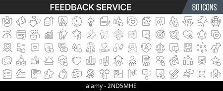Symbolsammlung für Feedbackservice. Große UI-Symbolgruppe in flachem Design. Symbolpaket mit dünnen Umrissen. Vektordarstellung EPS10 Stock Vektor