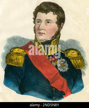 Europa, Frankreich, Andoche Junot, Herzog von Abrantès, französischer General und Adjudant von Napoleon, Lithographie aus : " Geschichte Napoleons von der Wiege bearbeitet bis zum Grabe ", von C.T. Heyne, 1. Band, Lith. Anstalt von F.W. Goedsche und Steinmetz in Meissen, Verlag Goedsche & Co. Chemnitz, 1840. / Europa, Frankreich, Jean Andoche Junot, Herzog von Abrantès, sekretär von Napoleon, Lithographie aus : Geschichte Napoleons von der Wiege bis zum Grabe , Band 1, von C.T. Heyne, Lithgraphische Anstalt Goedsche Stockfoto