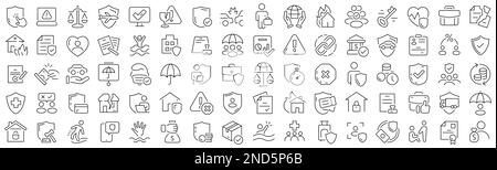 Gruppe von Symbolen für Versicherungspositionen. Sammlung schwarzer linearer Symbole Stock Vektor