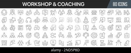 Symbolsammlung für Workshop und Coaching Line. Große UI-Symbolgruppe in flachem Design. Symbolpaket mit dünnen Umrissen. Vektordarstellung EPS10 Stock Vektor