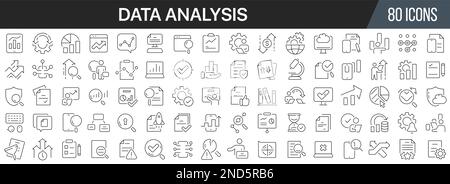 Sammlung der Liniensymbole für die Datenanalyse. Große UI-Symbolgruppe in flachem Design. Symbolpaket mit dünnen Umrissen. Vektordarstellung EPS10 Stock Vektor