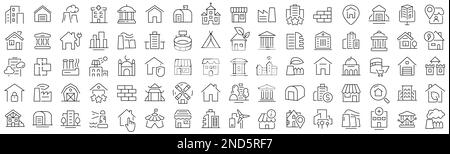 Satz von Liniensymbolen für Architektur und Gebäude. Sammlung schwarzer linearer Symbole Stock Vektor