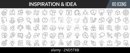 Inspiration und Ideenlinien-Icons Kollektion. Große UI-Symbolgruppe in flachem Design. Symbolpaket mit dünnen Umrissen. Vektordarstellung EPS10 Stock Vektor