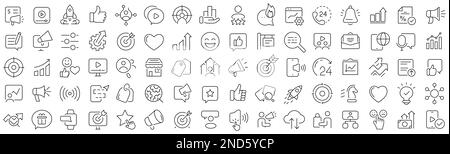 Satz von Werbe- und Werbezeilensymbolen. Sammlung schwarzer linearer Symbole Stock Vektor