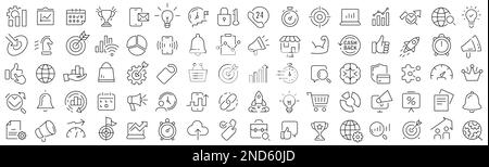 Satz von seo- und Marketing-Liniensymbolen. Sammlung schwarzer linearer Symbole Stock Vektor