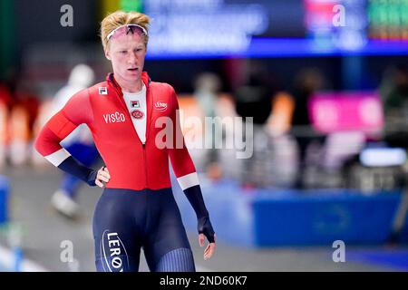 TOMASZOW MAZOWIECKI, POLEN - FEBRUAR 12: Peder Kongshaug von Norwegen tritt bei der ISU Speed Skating World Cup 5 am 12. Februar 2023 in Tomaszow Mazowiecki, Polen an der B-Gruppe der Männer 1000m an (Foto: Andre Weening/Orange Pictures) Stockfoto