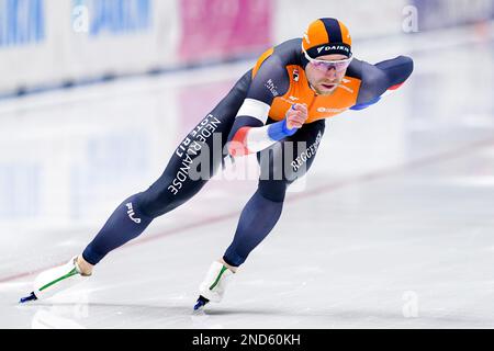 TOMASZOW MAZOWIECKI, POLEN – FEBRUAR 12: Wesly Dijs aus den Niederlanden tritt bei der ISU Speed Skating World Cup 5 am 12. Februar 2023 in Tomaszow Mazowiecki, Polen, an der B-Gruppe der Männer 1000m Teil (Foto: Andre Weening/Orange Pictures) Stockfoto