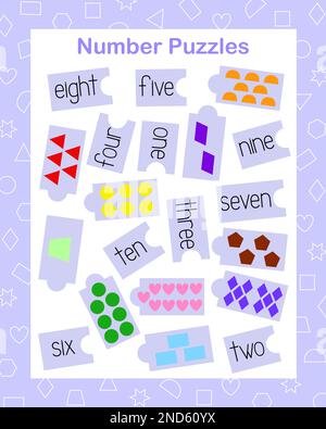 Geometrische Formen Puzzle-Druck und Schneide anziehende Zahlen mit bunten Objekten Vektordarstellung, Freizeit- oder Lernaktivität, Lernspaß-Arbeitsblatt für Kinder, Lehrermaterial Stock Vektor