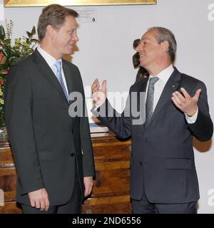 German Vice Chancellor and Minister of Foreign Affairs Guido Westerwelle, left, is welcomed by Malta's Prime Minister Lawrence Gonzi, at the Auberge de Castille Office of the Prime Minister in Valletta, Malta, Friday, Sept. 3, 2010. (AP Photo/Lino Arrigo Azzopardi)