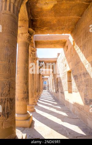 Assuan, Ägypten; 14. Februar 2023 - Eine Reihe von Säulen im Tempel von Philae, Assuan, Ägypten. Stockfoto