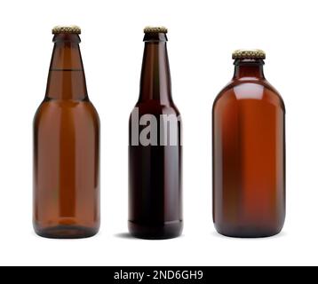 Braune Bierflasche aus Glas. Paket mit hellen und dunklen kalten Getränken. Kühles und köstliches erfrischendes Produkt, braune Verpackungsvorlage. Flüssiges Alkoholbier o Stock Vektor