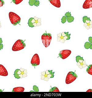 Nahtloses Muster mit Erdbeeren, Beeren und Blumen. Süßes Essen, wiederhole den Stoffhintergrund. Bio-Früchte. Stock Vektor