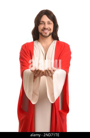 Jesus Christus streckt seine Hände auf weißem Hintergrund aus Stockfoto
