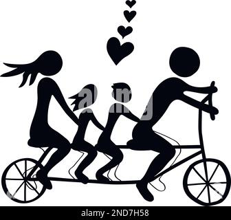 Lustige schwarze Cartoon-Silhouette einer Familie, die Fahrrad fährt, im Kinderstil Stock Vektor