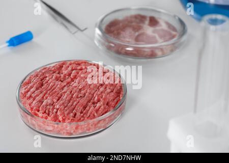 Petrischale mit rohem Hackfleisch auf weißem Tisch, Platz für Text Stockfoto