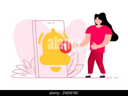 Eine Frau steht in der Nähe des Smartphones, auf dem Bildschirm der Benachrichtigungsglocke. Es klingelt. Neue Nachricht. Stock Vektor