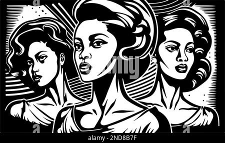 Wunderschöne und trendige schwarz-weiße Linocut-Pop-Art oder Malseite einer afroamerikanischen Frau Stock Vektor