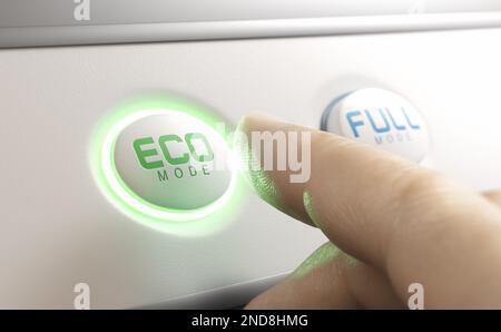 Drücken Sie mit dem Finger auf die Taste ECO Mode. Konzept zur Energieeinsparung und -Reduzierung. Stockfoto