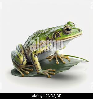 Frosch sitzt auf einem Seerosenblatt isoliert. 3D Rendern Sie den Frosch auf weißem Hintergrund Stockfoto