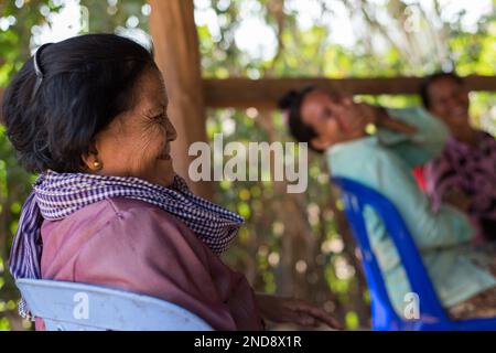 Die Mitglieder der Gemeinschaft lachten und scherzten während der VON Kakada geförderten Zusammenkünfte DES TSCHAD (Community Health and Agricultural Development) Stockfoto