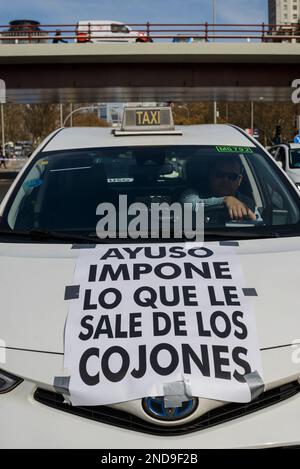 Der Verband der professionellen Taxis von Madrid (Federación Profesional del Taxi de Madrid, FPTM) organisierte eine Demonstration vom Plaza Castilla zum D Stockfoto