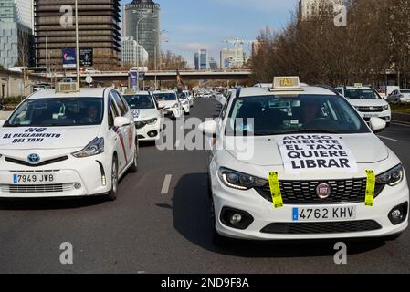 Der Verband der professionellen Taxis von Madrid (Federación Profesional del Taxi de Madrid, FPTM) organisierte eine Demonstration vom Plaza Castilla zum D Stockfoto