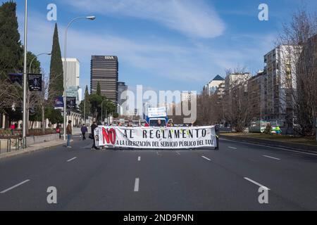 Der Verband der professionellen Taxis von Madrid (Federación Profesional del Taxi de Madrid, FPTM) organisierte eine Demonstration vom Plaza Castilla zum D Stockfoto