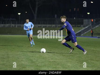 Berlin, Deutschland, 15. Februar 2023. Michel Ulrich vom FC Chemnitzer in Aktion während des Spiels FC Viktoria Berlin 1889 Berlin gegen Chemnitzer FC in der Runde 17 der Regionalliga Northeast, Berlin, Deutschland, 15. Februar 2023. Iñaki Esnaola / Alamy Live News Stockfoto
