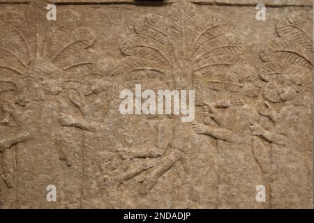 Deportierte Frauen. Neo-Assyrisches Reich, Herrschaft von Aschurbanipal (668-627 v. Chr.). Alabasterkalkstein. Von Nordmesopotamien, Nineveh (Kuyunjik), NordP Stockfoto