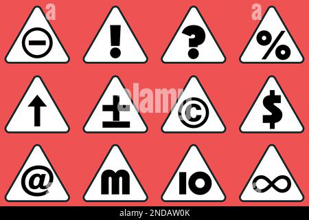 Satz schwarzer Symbole in Dreieck auf rotem Hintergrund. Vektordarstellung. Stock Vektor