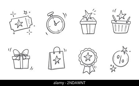 Doodle-Geschenk, Rabattgutschein-Symbolset. Handgezeichneter Bonuspreis im Skizzenstil, Symbol für Treueprogramm. Geld-Belohnungsprogramm bietet Doodle an. Vektordarstellung Stock Vektor