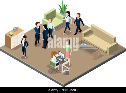 Isometrische Innenausstattung des Büroraums. Leute, die arbeiten und reden Stock Vektor