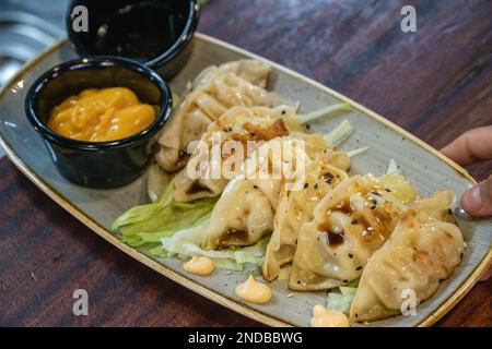 Ein Teller mit gemischter Gyoza-Vorspeise auf einem Teller, serviert zusammen mit Dip-Saucen Stockfoto