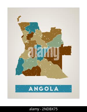 Angola-Karte. Länderposter mit Regionen. Alte Grunge-Textur. Form Angolas mit Ländernamen. Wunderschöne Vektordarstellung. Stock Vektor