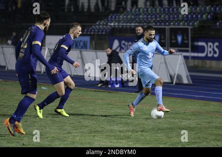 Berlin, Deutschland, 15. Februar 2023. Enes Küc vom FC Viktoria 1889 Berlin in Aktion während des Spiels FC Viktoria Berlin 1889 Berlin gegen Chemnitzer FC in der Runde 17 der Regionalliga Nordosten, Berlin, Deutschland, 15. Februar 2023. Iñaki Esnaola / Alamy Live News Stockfoto