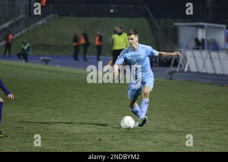 Berlin, Deutschland, 15. Februar 2023. Moritz Seiffert vom FC Viktoria 1889 Berlin in Aktion während des Spiels FC Viktoria Berlin 1889 Berlin gegen Chemnitzer FC in der Runde 17 der Regionalliga Northeast, Berlin, Deutschland, 15. Februar 2023. Iñaki Esnaola / Alamy Live News Stockfoto