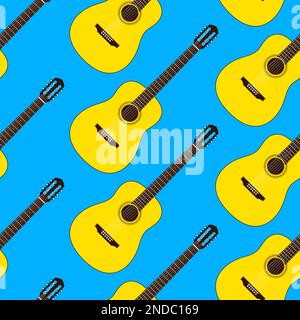 Klassische Gitarren mit nahtlosem Vektormuster auf blauem Hintergrund. Stock Vektor