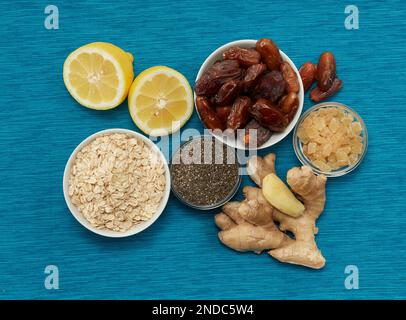 Studio Down Shots von Zutaten der veganen Snackbar Stockfoto