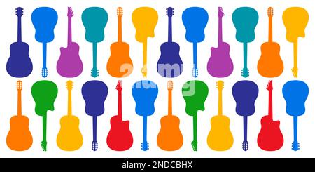 Bunte Gitarren in verschiedenen Stilen auf weißem Hintergrund, moderner musikalischer Vektorhintergrund. Stock Vektor