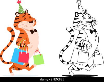 Malbuch. Komischer Cartoon-Tiger mit Taschen. Stock Vektor