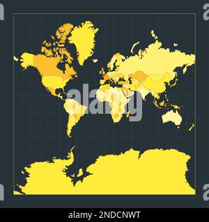 Weltkarte. Sphärische Mercator-Projektion. Futuristische Weltanschauung für deine Infografik. Leuchtend gelbe Landfarben. Erstaunliche Vektorillustratio Stock Vektor