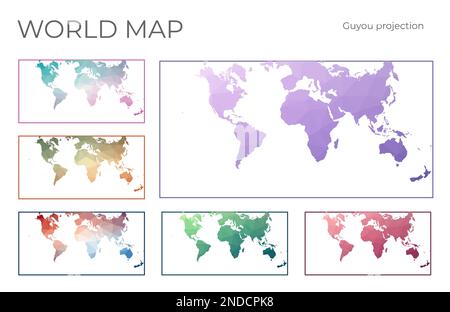 Niedrige Poly-Welt-Karte Eingestellt. Guyou-Hemisphäre-in-a-Square-Projektion. Sammlung der Weltkarten im geometrischen Stil. Vektordarstellung. Stock Vektor