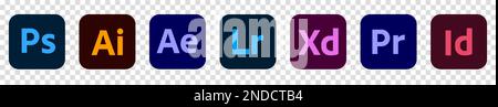 Adobe-Produktsymbole. Photoshop, Illustrator, After Effects, Lightroom, Experience Design, Adobe Premiere Pro, InDesign, Animate Stock Vektor