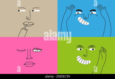 Lustige Gesichter setzen einen Vektor im Cartoon-Stil. Die bunten, kreiselnden Grimace-Figuren sind einfach Stock Vektor