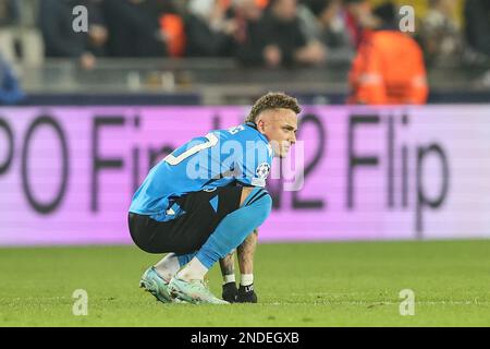 Brügge, Belgien. 15. Februar 2023. Noa lang des Vereins scheint deprimiert während eines Fußballspiels zwischen dem belgischen Club Brügge KV und dem portugiesischen Sport Lisboa e Benfica, das am Mittwoch, den 15. Februar 2023 in Brügge, dem ersten Teil der Runde 16 der UEFA Champions League, stattfindet. BELGA FOTO BRUNO FAHY Kredit: Belga News Agency/Alamy Live News Stockfoto