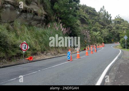 Nach dem tropischen Sturm Cyclone Gabrielle ist ein Landrutschen aufgetreten, der eine Hälfte der Straße blockiert.orangefarbene Sicherheitskegel sind um umfallene Bäume herum angebracht Stockfoto