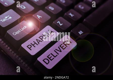 Schreiben mit Anzeige von Text Pharma Delivery. Geschäftskonzept Verschicken von Rezepten direkt aus der Apotheke Stockfoto